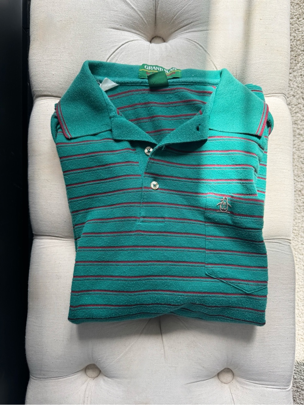 Vintage 90s Grand Slam by Munsingwear Striped Polo Shirt Green Teal Penguin Golf